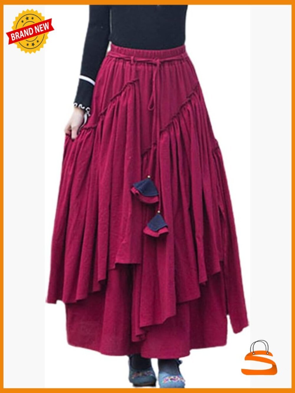 Retro Cotton Linen Maxi Skirt Elastic Waist Pleated Asymmetrical A-Line Flare